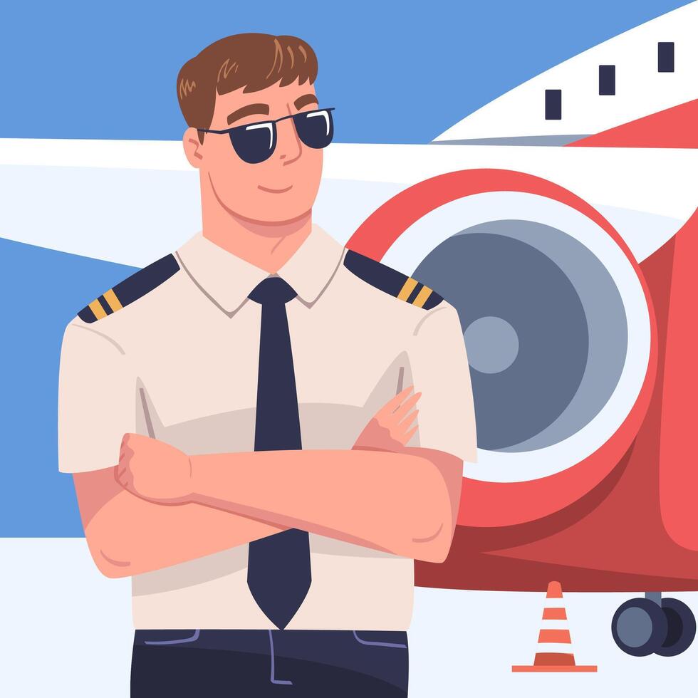 Man Aircraft Pilot or Aviator in Sunglasses Standing Near Plane Turbine with Folded Arms Illustration vector