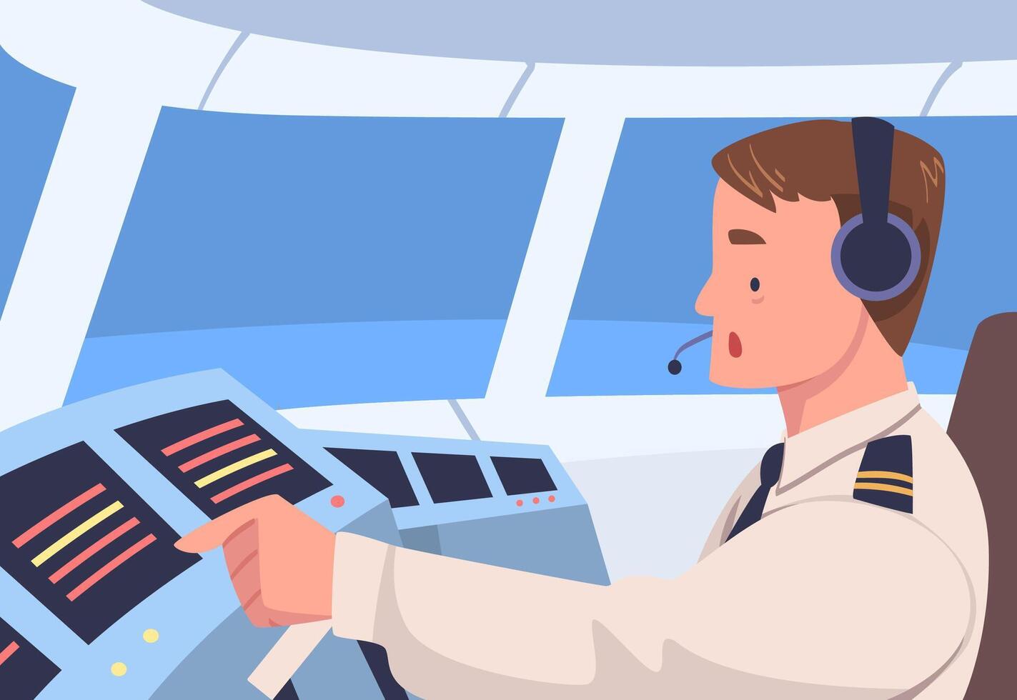 Man Aircraft Pilot or Aviator Sitting Inside Airplane Cabin at Control Panel Illustration vector