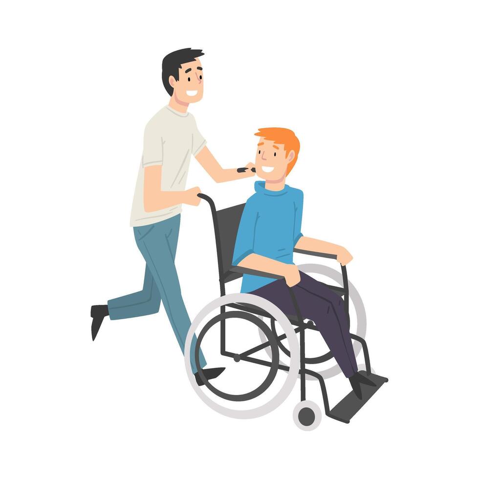 Young Man Pushing Wheelchair with Smiling Disabled Man, Guy Supporting his Friend, Friendship and Support, Handicapped Person Enjoying Full Life Illustration vector