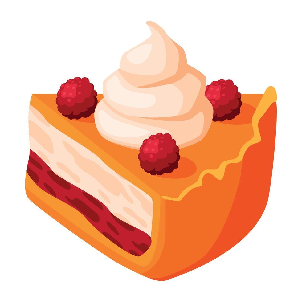 Cut Piece of Baked Pie with Raspberry on Top, Sweet Creamy Filling and Shortcrust Pastry Illustration vector