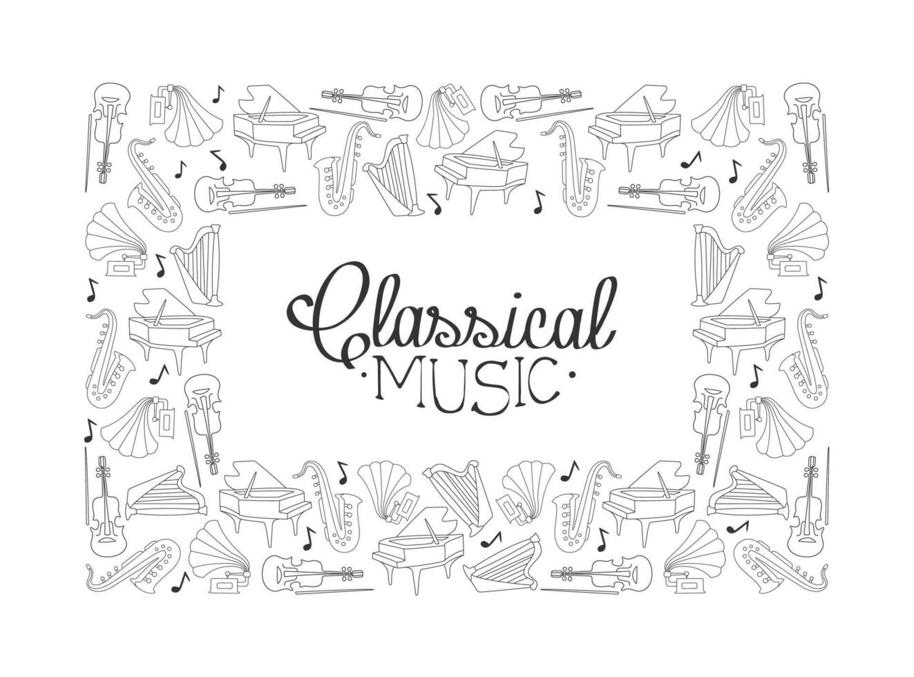 Classical Music Frame, Hand Drawn Musical Instruments Border Template, Live Concert, Classical Festival Illustration vector