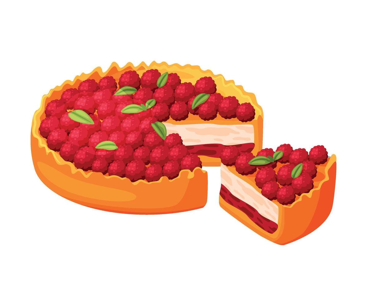 Baked Raspberry Pie Made from Pastry Dough with Sweet Fruit Filling with Cut Piece Illustration vector