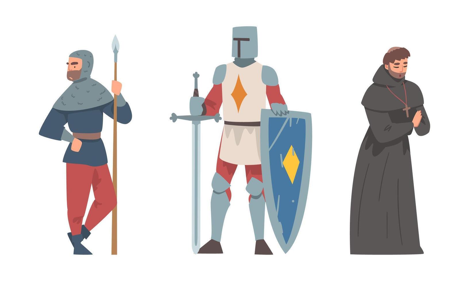 Knight from Middle Ages in Iron Armour Suit and Priest or Monk in Gown Illustration Set vector