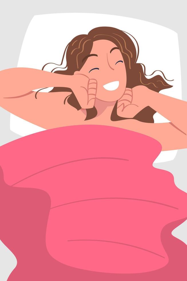 Woman Character Waking Up Feeling Happy Stretching Out in Bed Ready to Get Up in the Morning Illustration vector