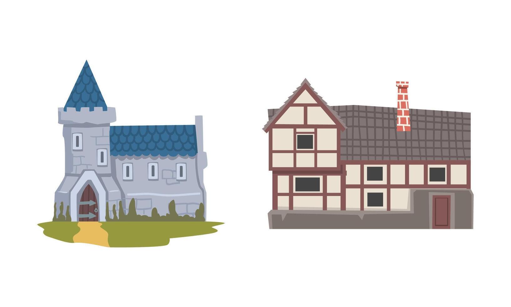 Medieval Historical Residential House with Tile Roof Illustration Set vector