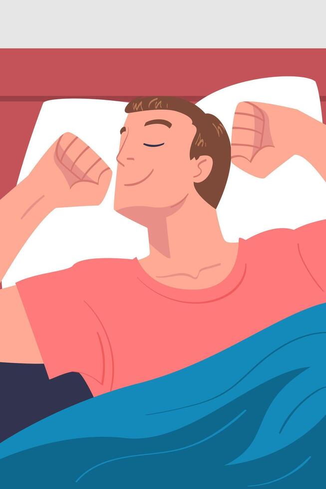 Man Character Waking Up Feeling Happy Stretching Out in Bed Ready to Get Up in the Morning Illustration vector