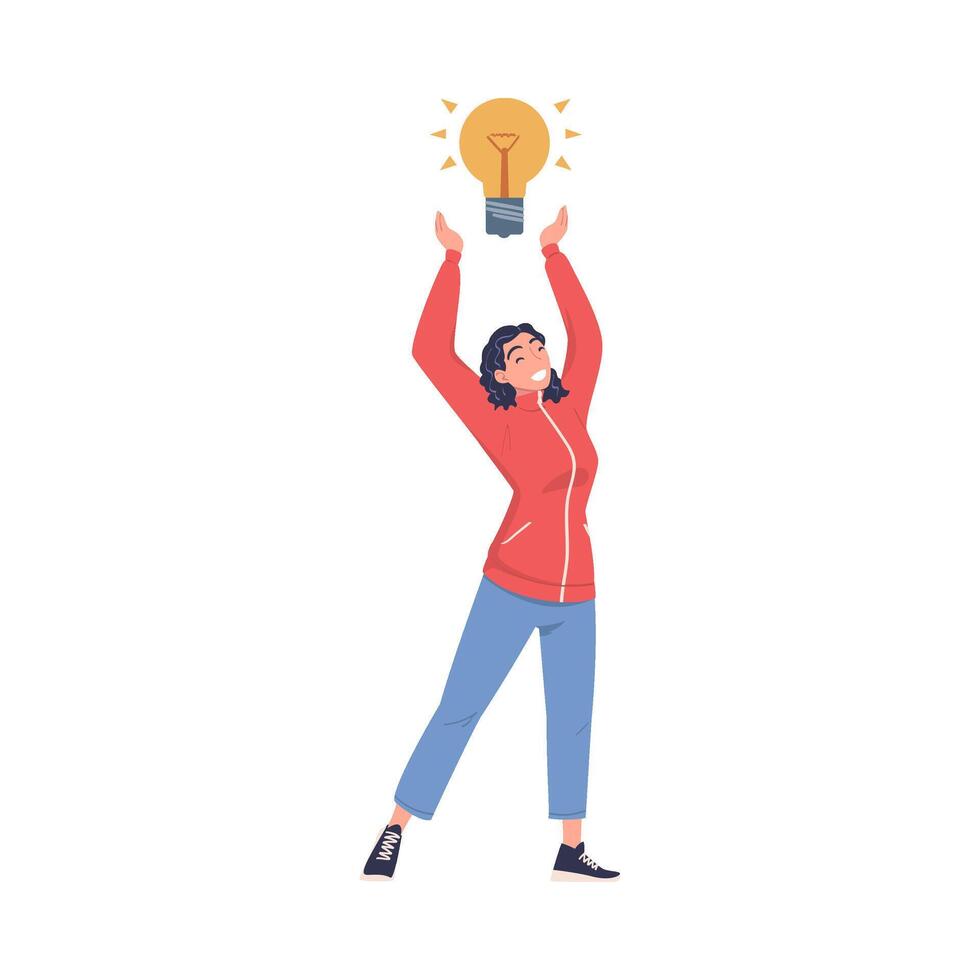 Woman Character Working with Glowing Lightbulb Having Idea Illustration vector