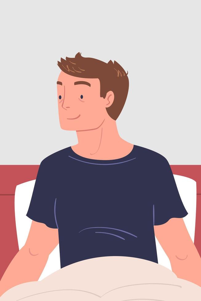 Man Character Waking Up Feeling Happy Sitting in Bed Ready to Get Up in the Morning Illustration vector
