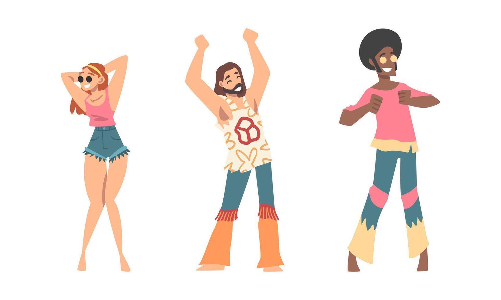 Hippie People Character Wearing Retro Style Clothing Performing Dancing Movement Set vector