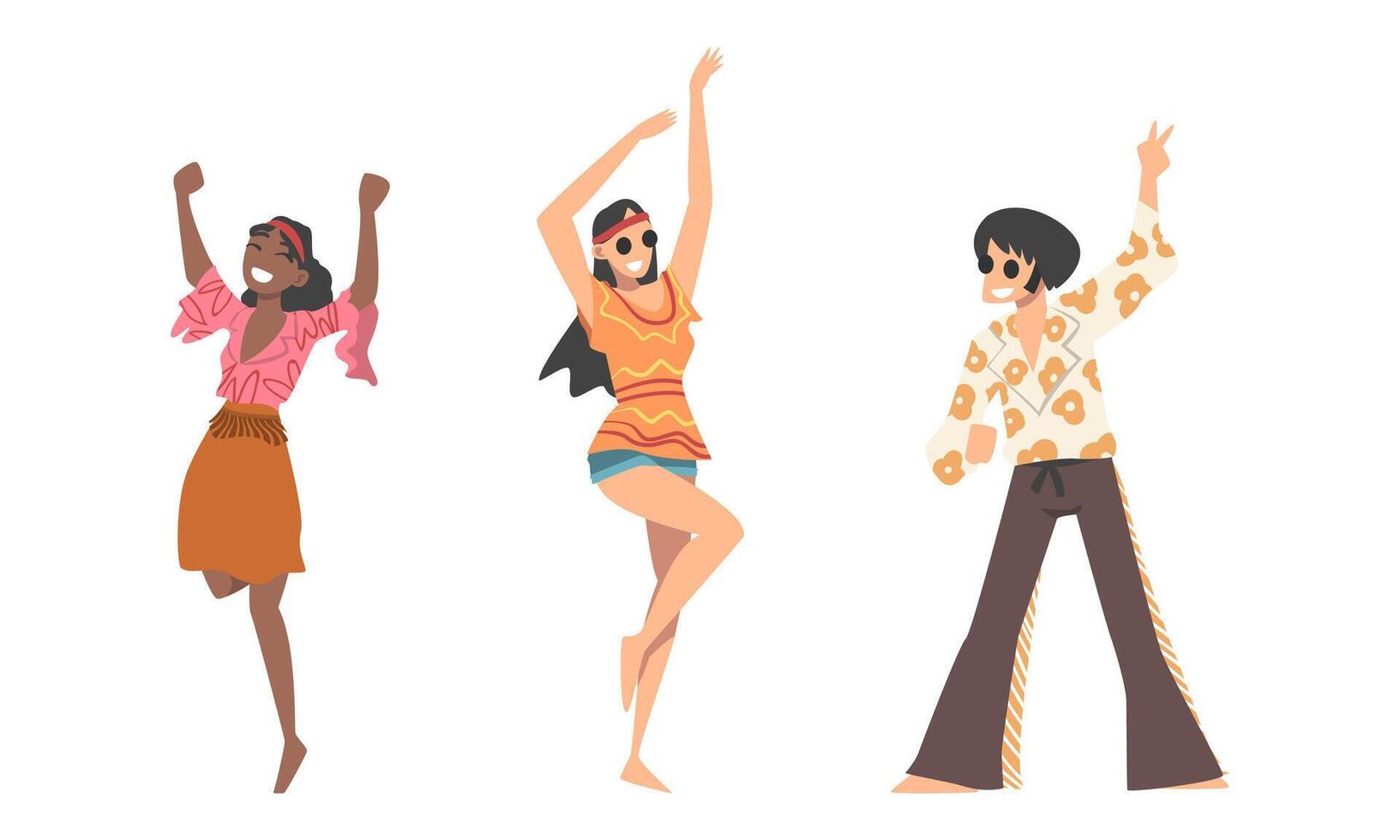 Hippie People Character Wearing Retro Style Clothing Performing Dancing Movement Set vector