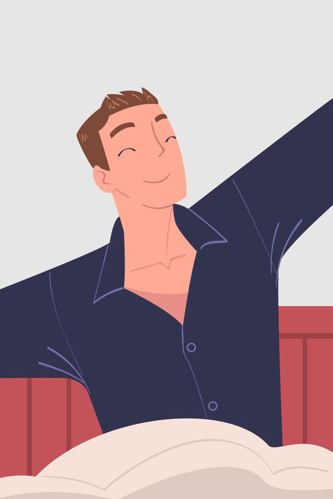 Man Character Waking Up Feeling Happy Stretching Out in Bed Ready to Get Up in the Morning Illustration vector