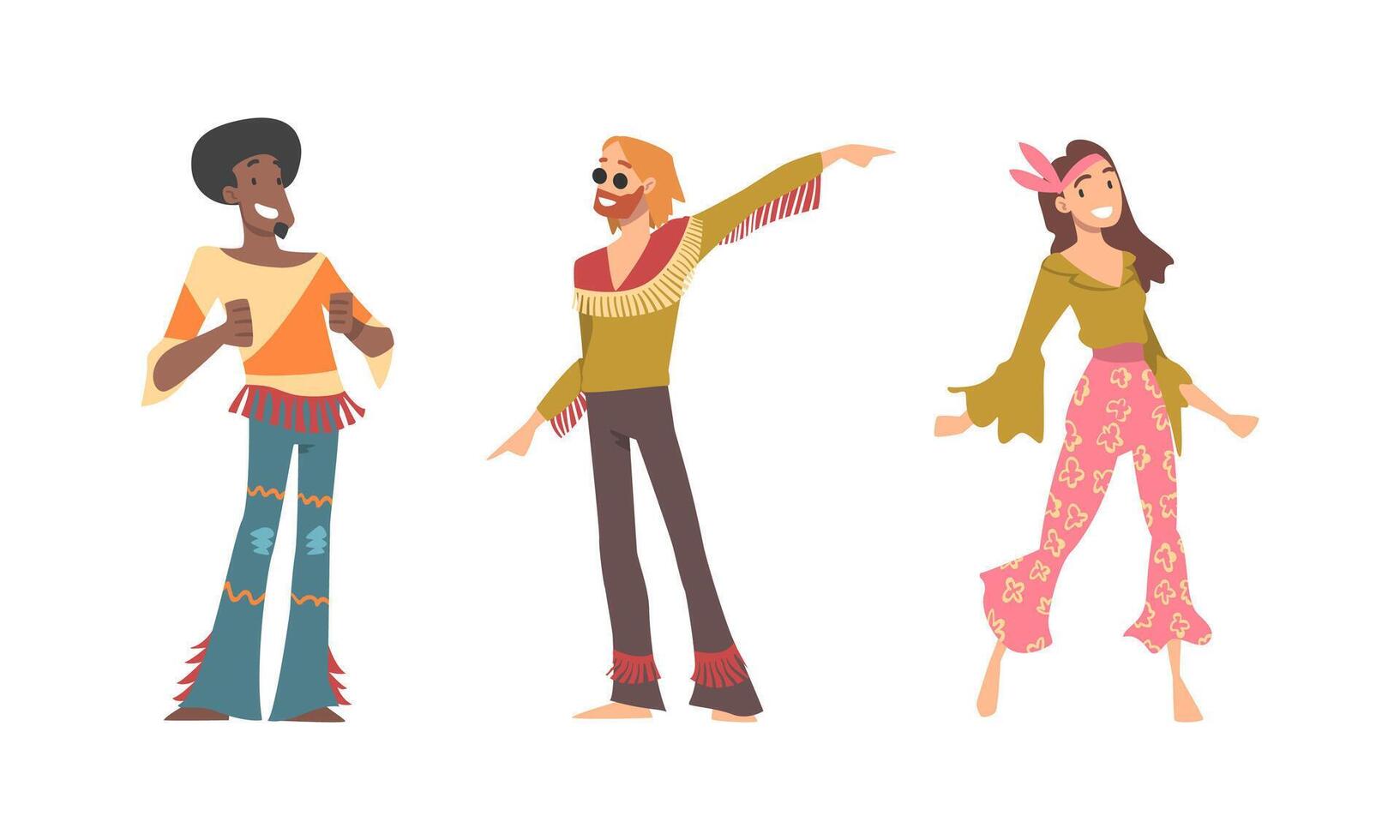 Hippie People Character Wearing Retro Style Clothing Performing Dancing Movement Set vector