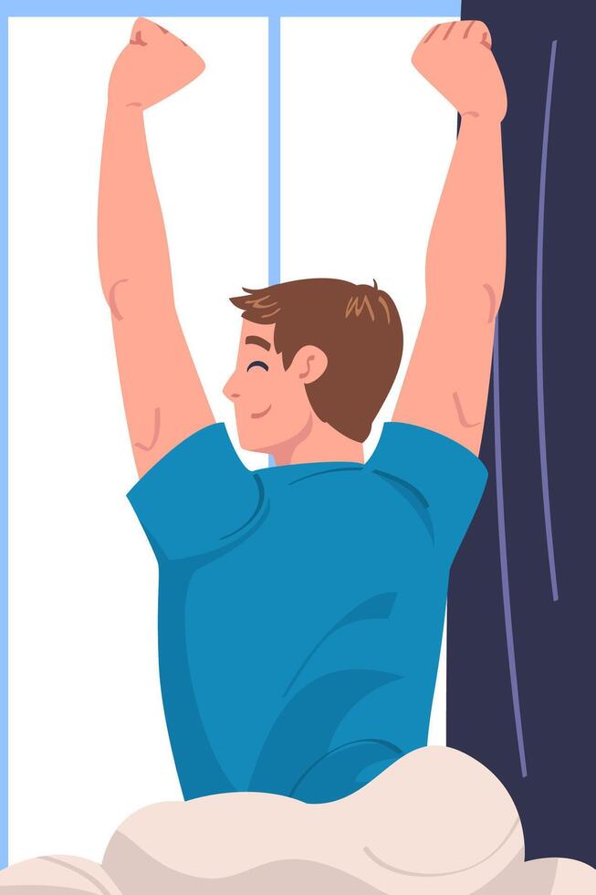 Man Character Waking Up Feeling Happy Stretching Out in Bed Ready to Get Up in the Morning Illustration vector