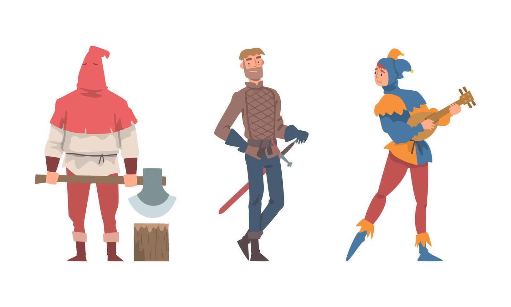 Medieval Executor or Headman with Sharp Axe and Jester Playing Lute Illustration Set vector