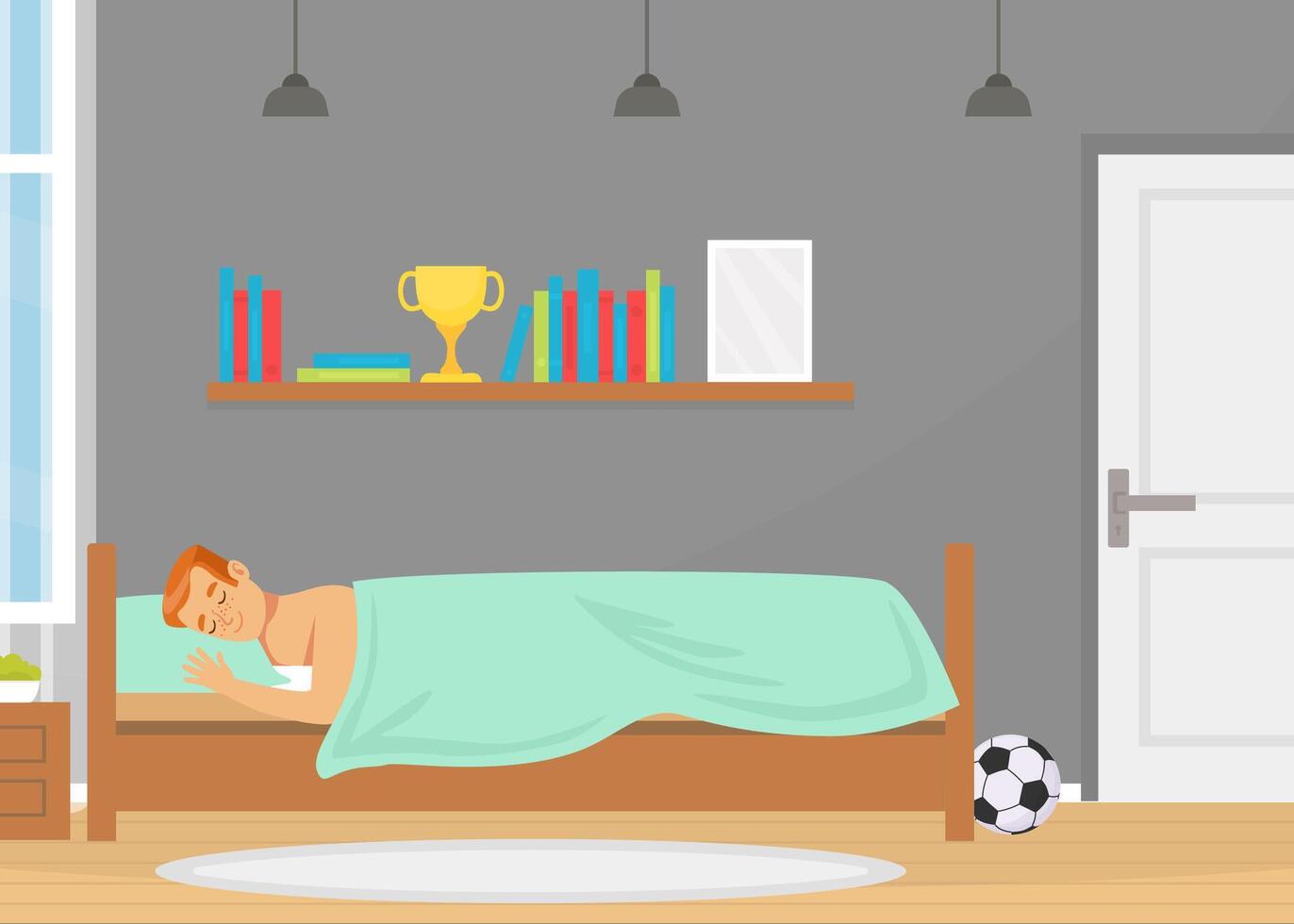 Man Character Sleeping on Bed Covered with Blanket in His Room Illustration vector