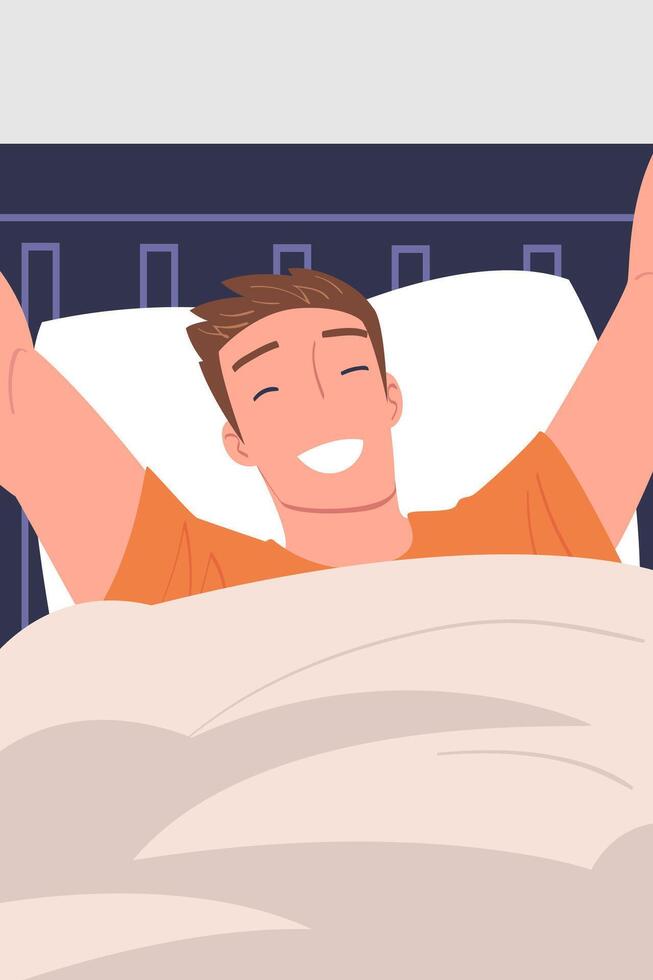 Man Character Waking Up Feeling Happy Stretching Out in Bed Ready to Get Up in the Morning Illustration vector