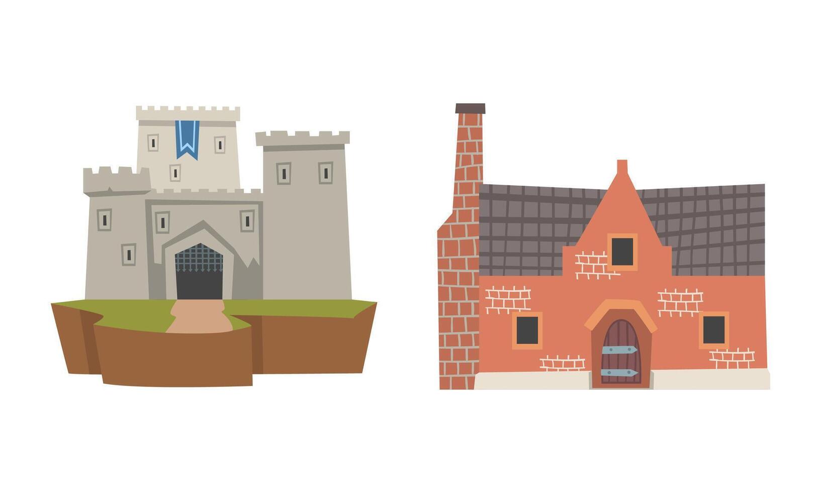 Medieval Historical Residential House with Tile Roof and Tower Illustration Set vector
