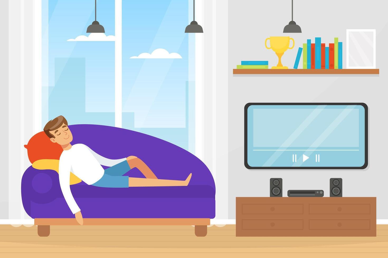 Man Character Sleeping Lying on Sofa in Front of Television Illustration vector