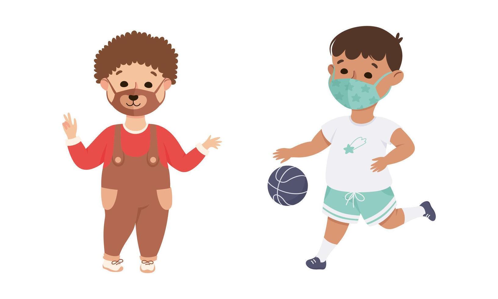Happy Boy Wearing Face Mask as New Normal Lifestyle Playing Ball Illustration Set vector