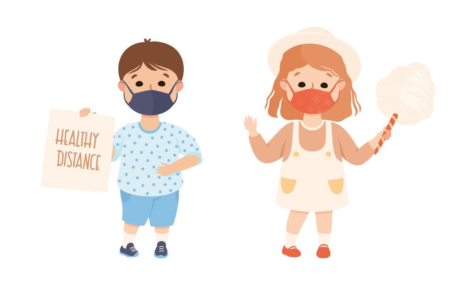 Happy Boy and Girl Wearing Face Mask as New Normal Lifestyle Illustration Set vector