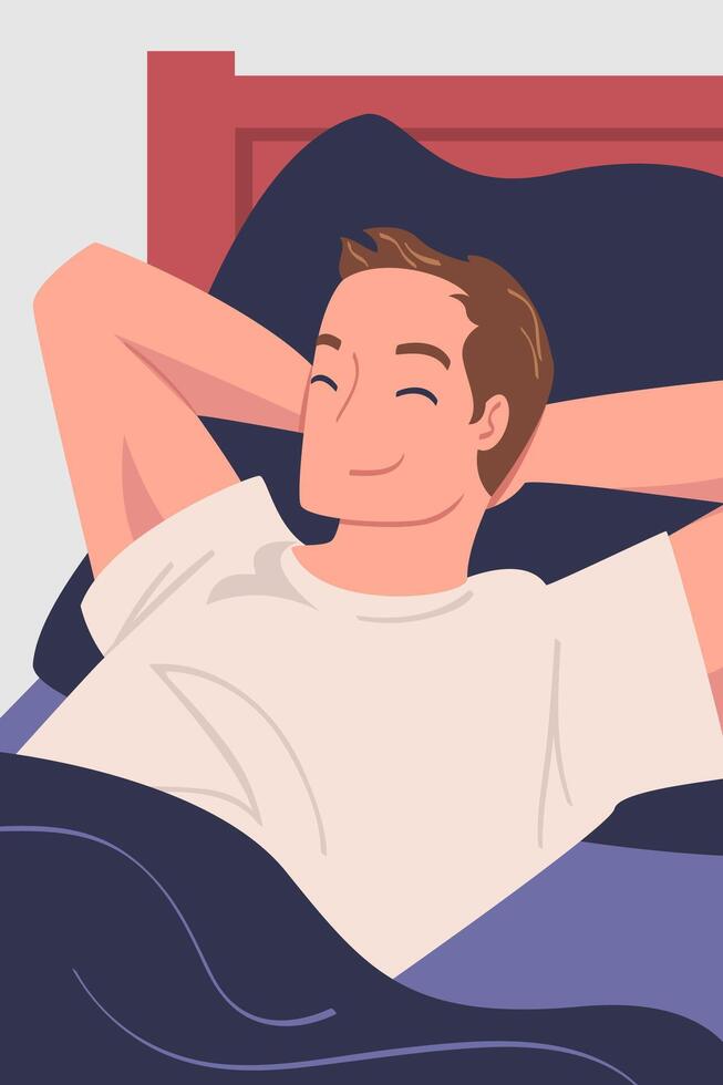 Man Character Waking Up Feeling Happy Lying in Bed Ready to Get Up in the Morning Illustration vector