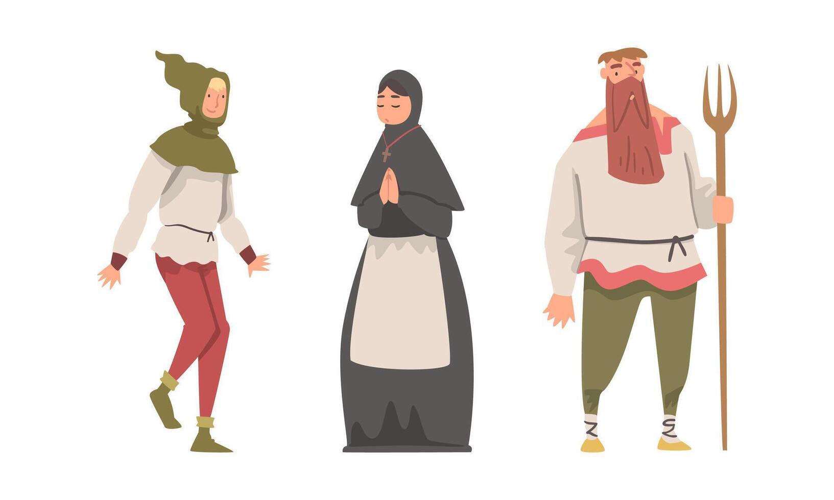 Medieval Woman Nun or Vestal Praying and Bearded Man Peasant with Fork Illustration Set vector