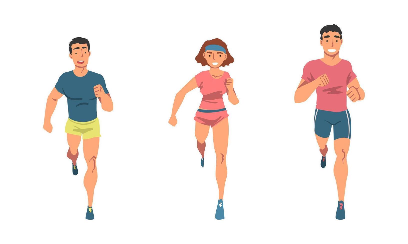 Cheerful People Character Running Marathon or Long-distance Foot Race Set vector