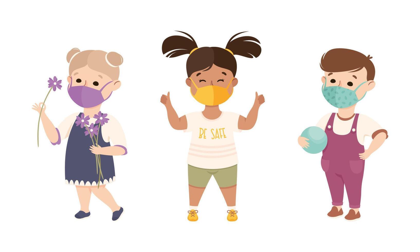 Happy Boy and Girl Wearing Face Mask as New Normal Lifestyle Illustration Set vector