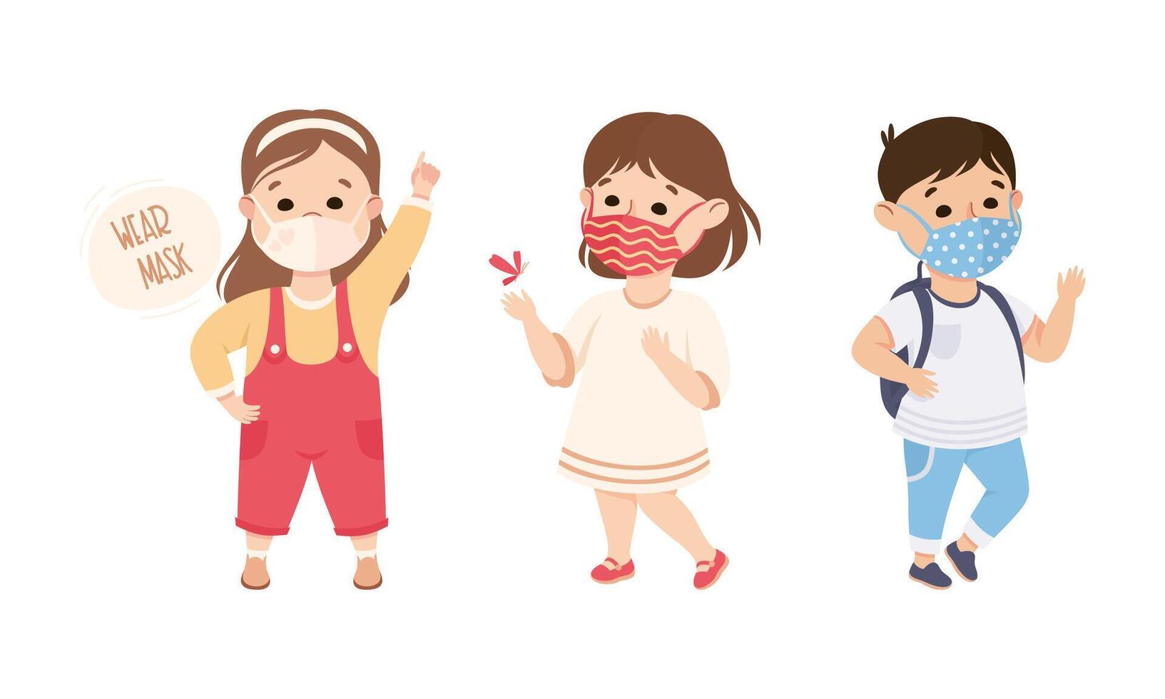Happy Boy and Girl Wearing Face Mask as New Normal Lifestyle Illustration Set vector