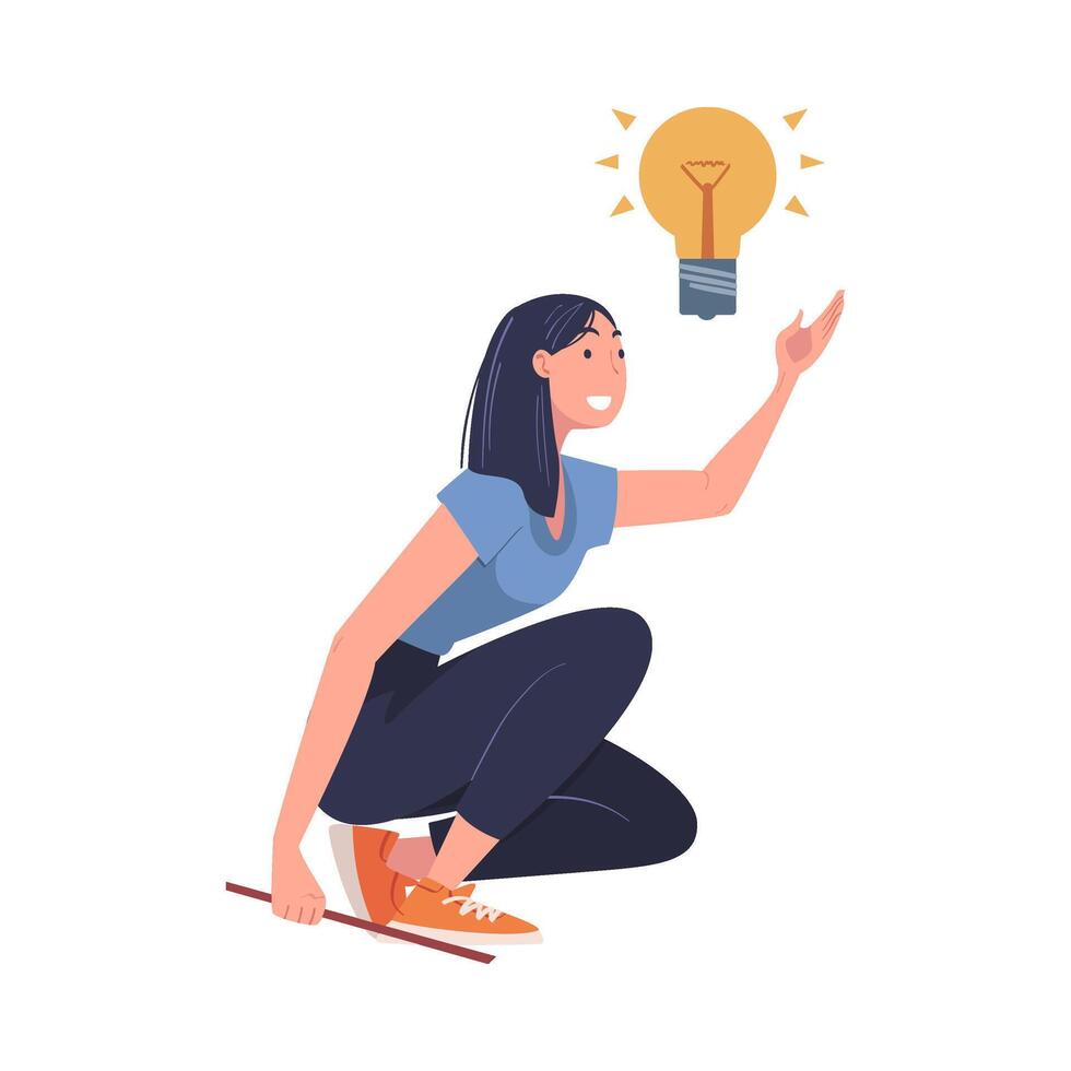 Woman Character Working with Glowing Lightbulb Having Idea Illustration vector
