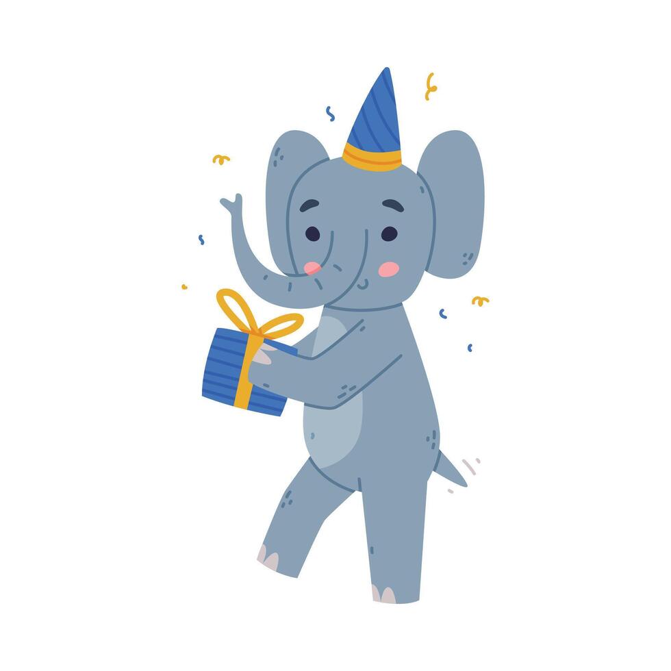 Funny Blue Elephant with Large Ear Flaps and Trunk in Birthday Hat Carrying Gift Box Illustration vector