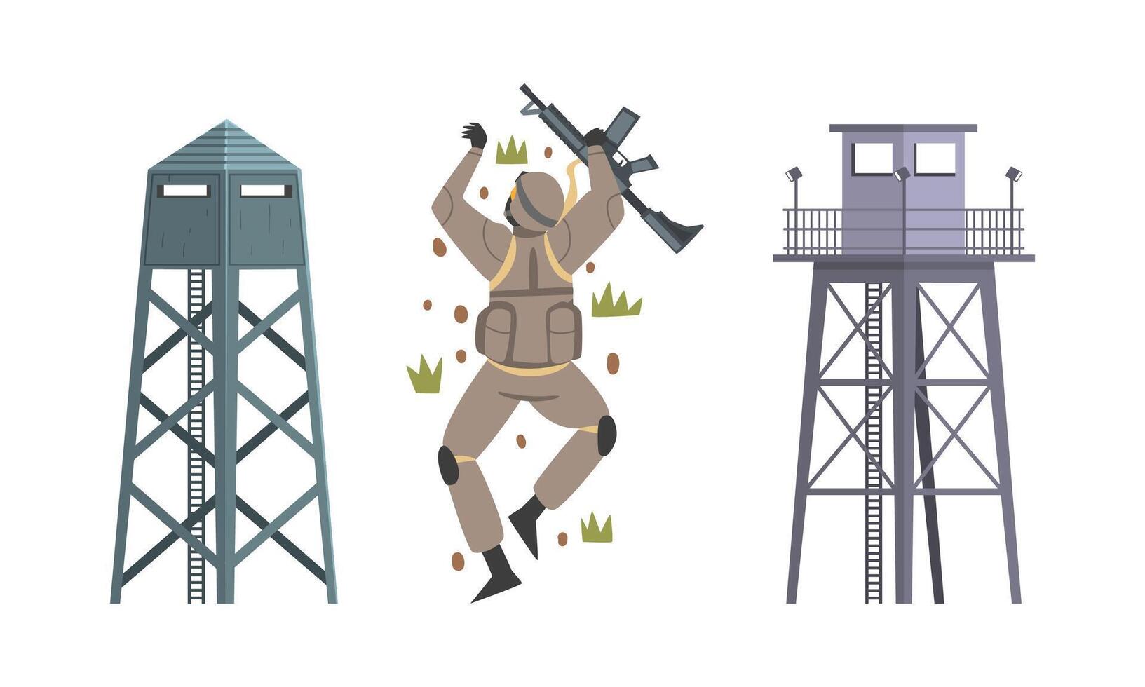 Tall Military Observation Tower as Structure Used in Army and Soldier Bellying on the Ground Illustration Set vector