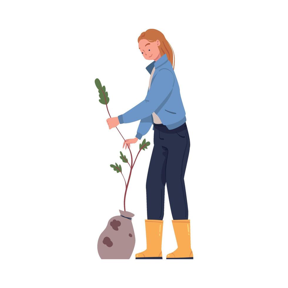 Woman Character Planting Tree Sapling in Soil Taking Care of Planet and Nature Illustration vector