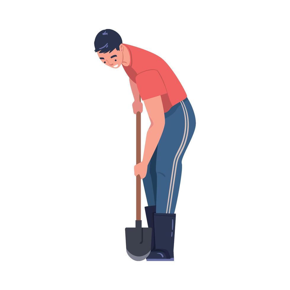 Man Character with Shovel or Spade Engaged in Soil Digging for Planting Tree Sapling Illustration vector