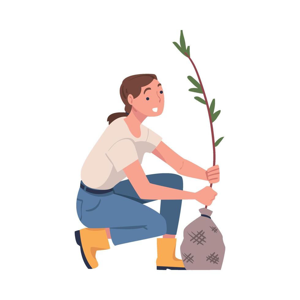 Woman Character Planting Tree Sapling in Soil Taking Care of Planet and Nature Illustration vector