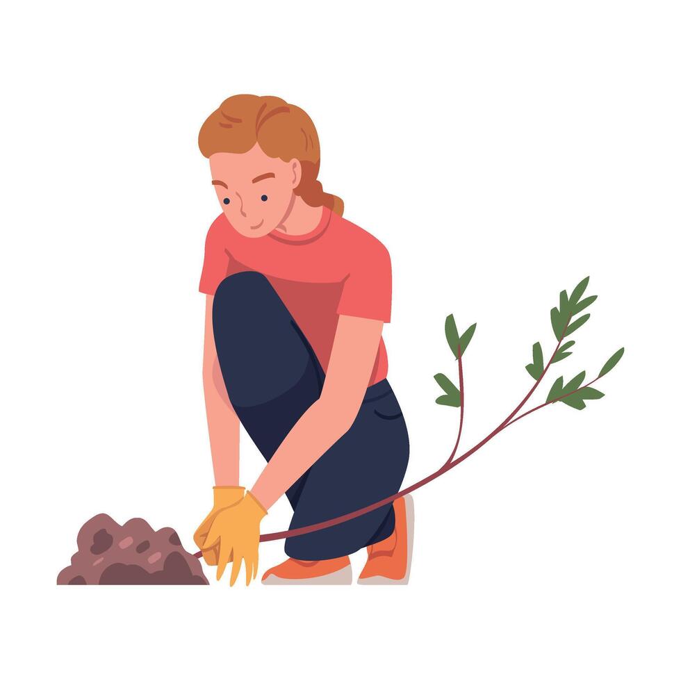 Woman Character Planting Tree Sapling in Soil Taking Care of Planet and Nature Illustration vector