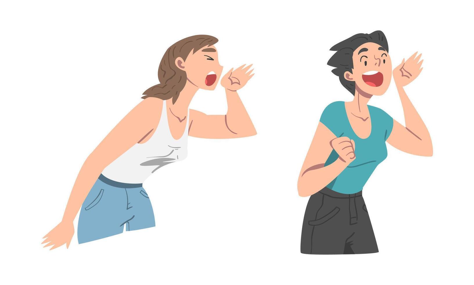 Woman Character Holding Hand Near Mouth and Shouting or Screaming Loud Set vector