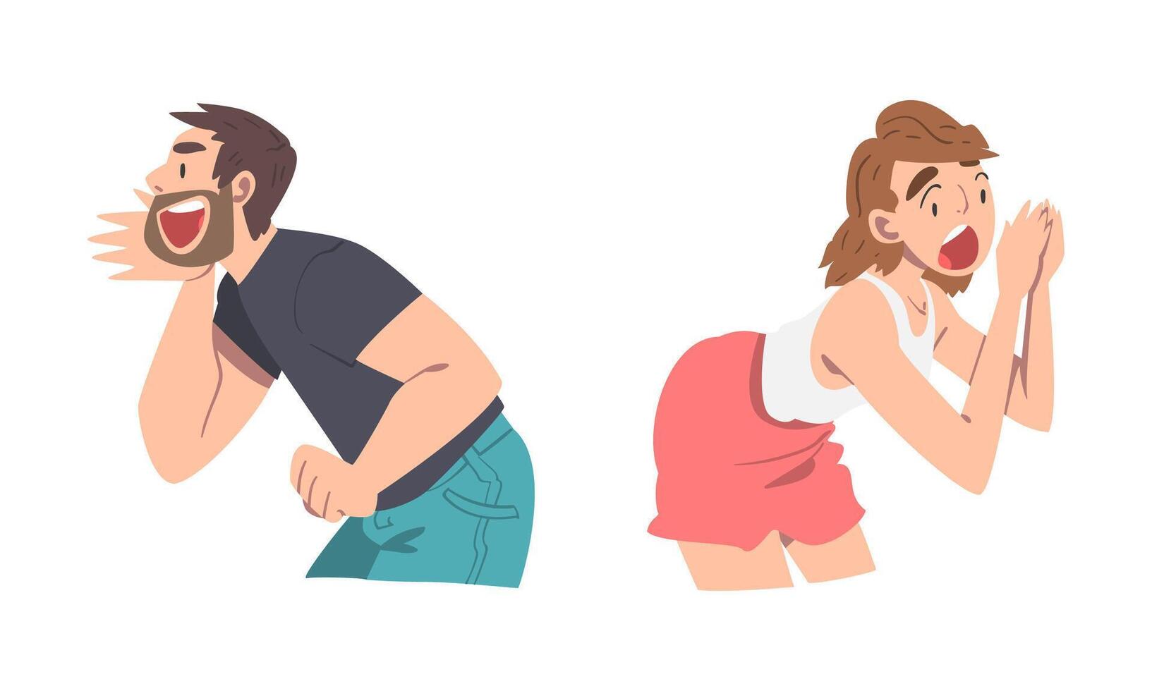 Man and Woman Character Holding Hand Near Mouth Shouting or Screaming Loud Set vector