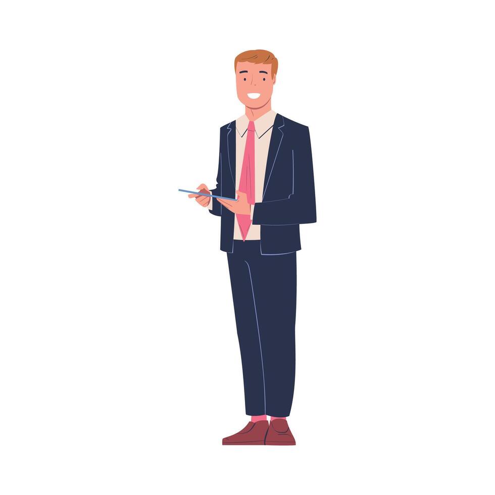 Man Entrepreneur and Office Employee Standing in Suit with Clipboard and Smiling Illustration vector