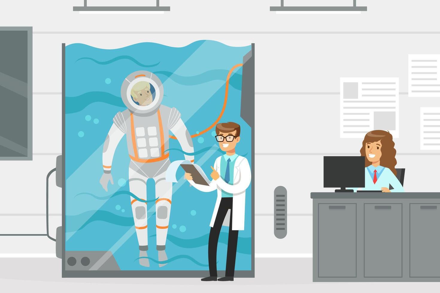 Man Astronaut Preparing for Space Flight Plunging Into Water Basin in Spacesuit Illustration vector