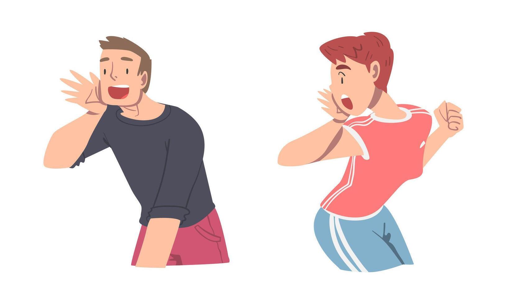Man and Woman Character Holding Hand Near Mouth Shouting or Screaming Loud Set vector