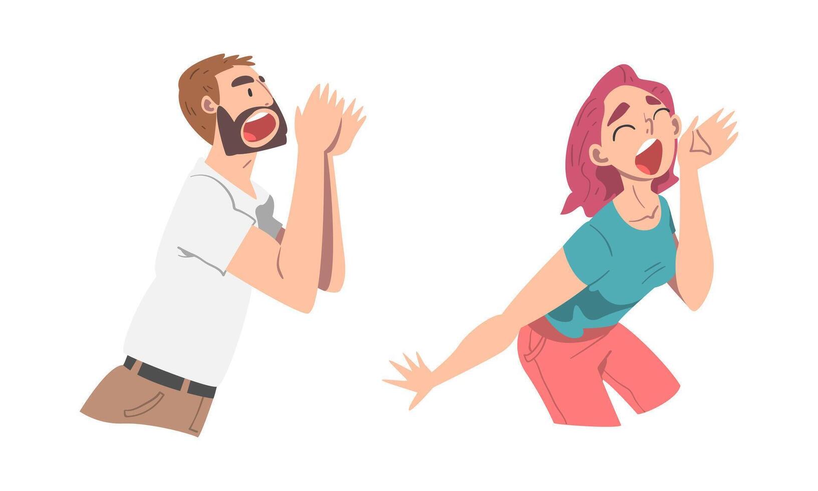 Man and Woman Character Holding Hand Near Mouth Shouting or Screaming Loud Set vector