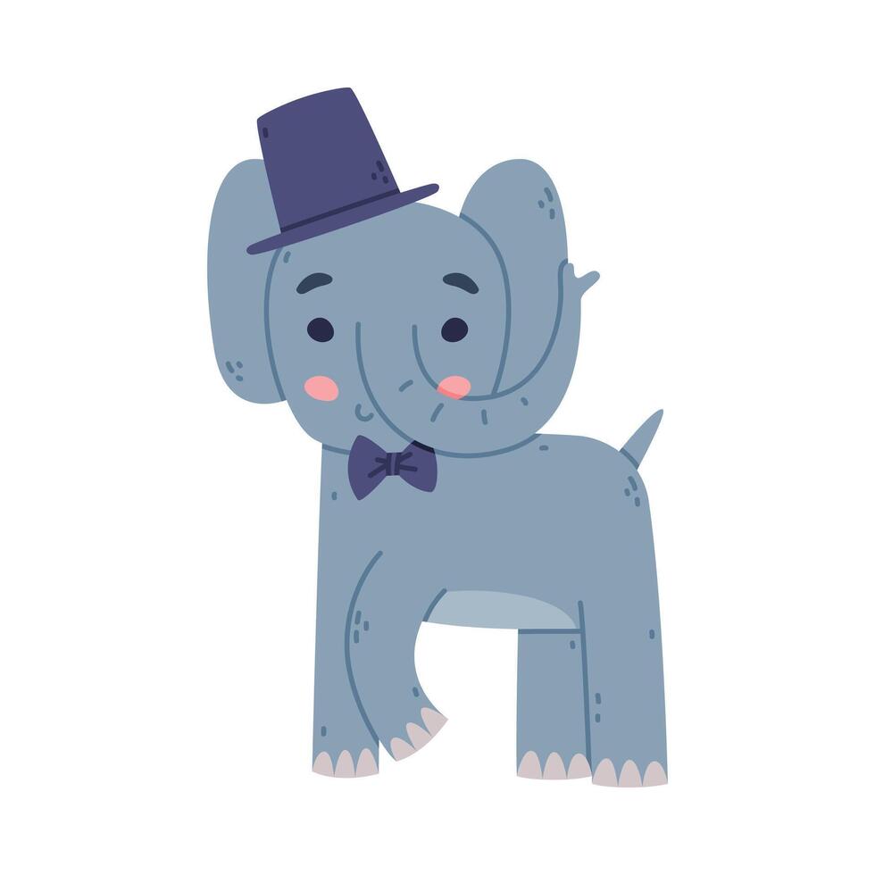 Funny Elephant with Large Ear Flaps and Trunk Wearing Top Hat and Bow Tie Illustration vector