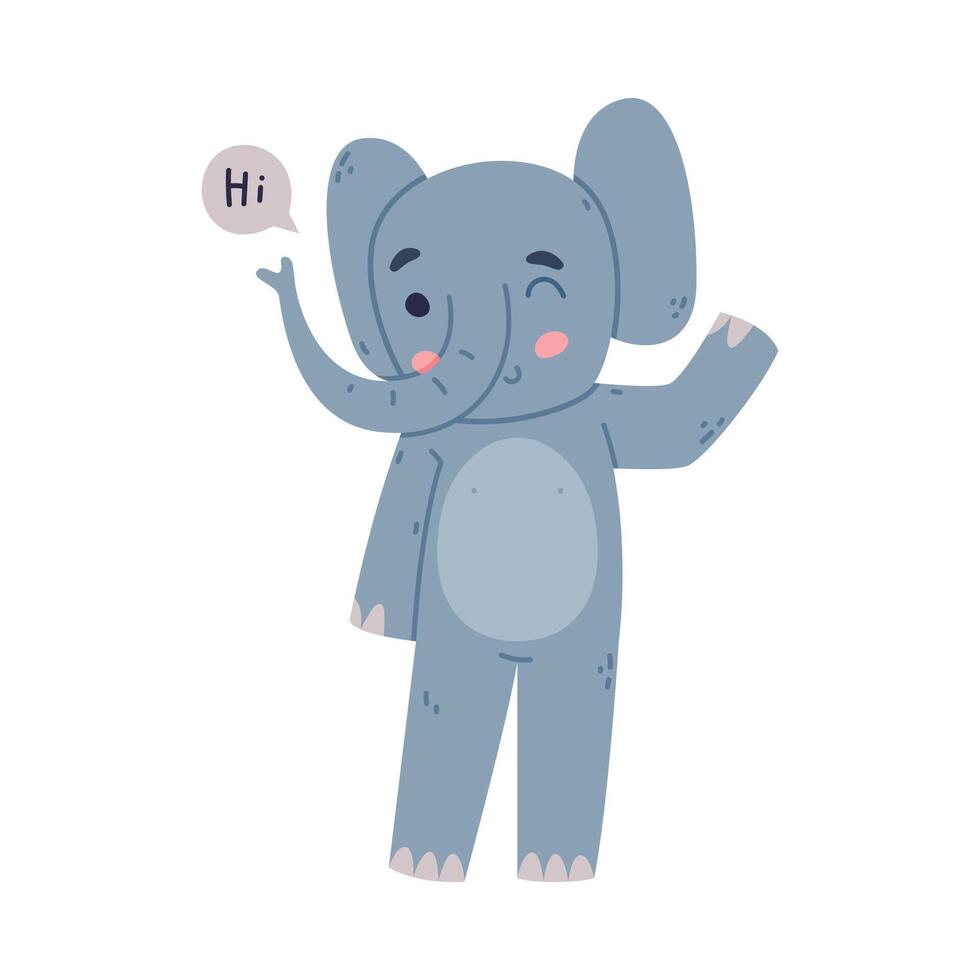 Funny Blue Elephant with Large Ear Flaps and Trunk Greeting Saying Hi Illustration vector