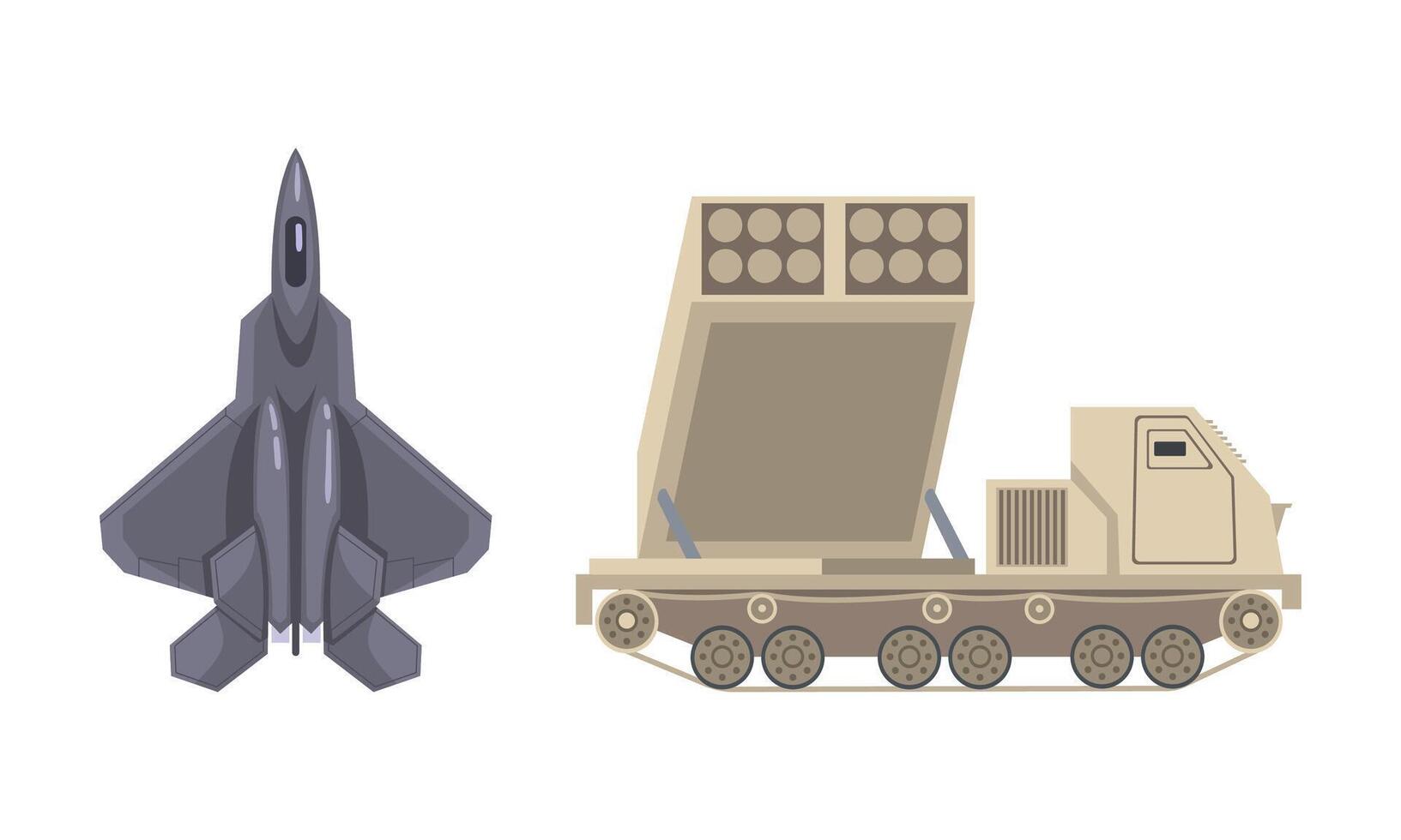 Armoured Missile Vehicle and Aircraft as Military Transportation for Combat Illustration Set vector