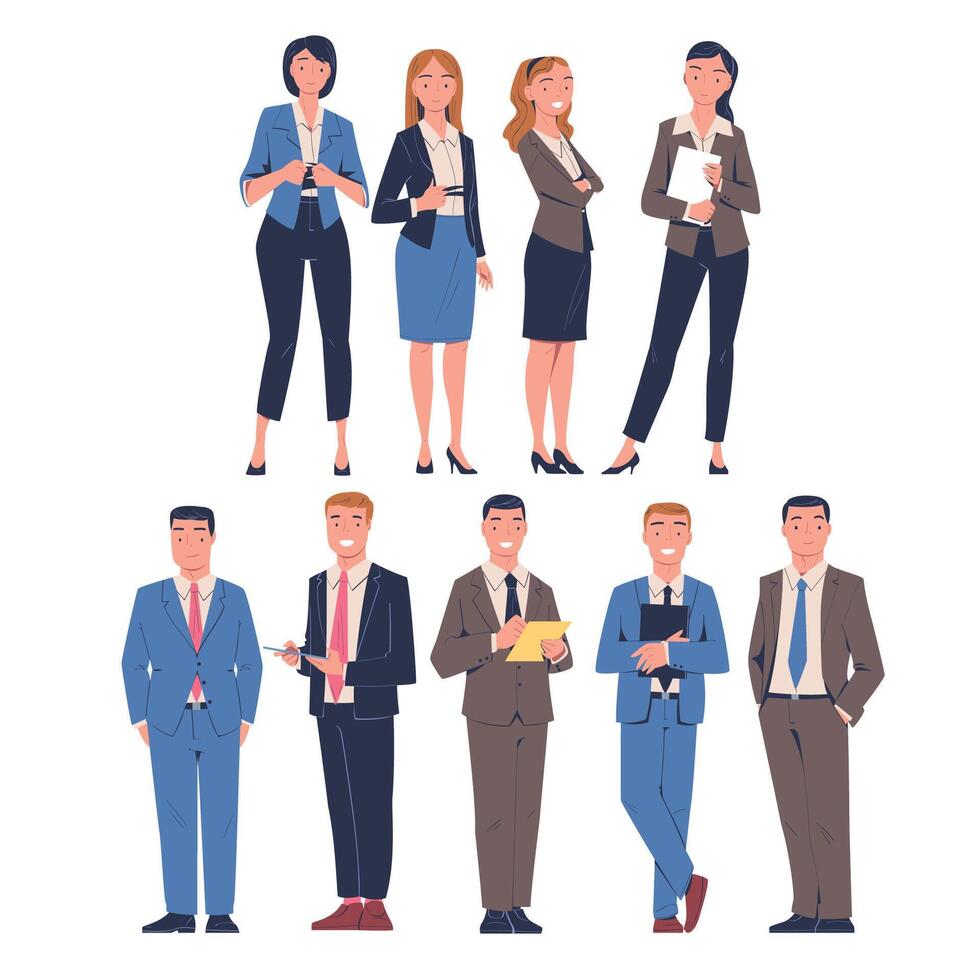 Man and Woman Entrepreneur and Office Employee Standing in Formal Suit and Smiling Set vector