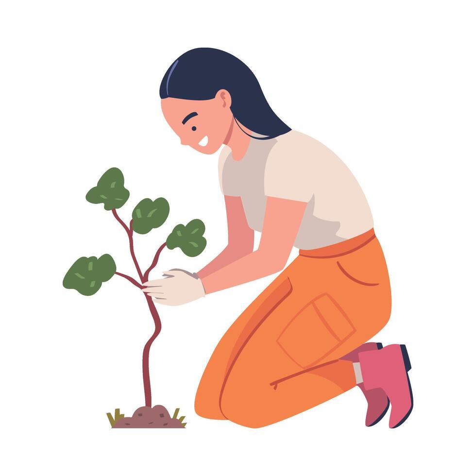 Woman Character Planting Tree Sapling in Soil Taking Care of Planet and Nature Illustration vector