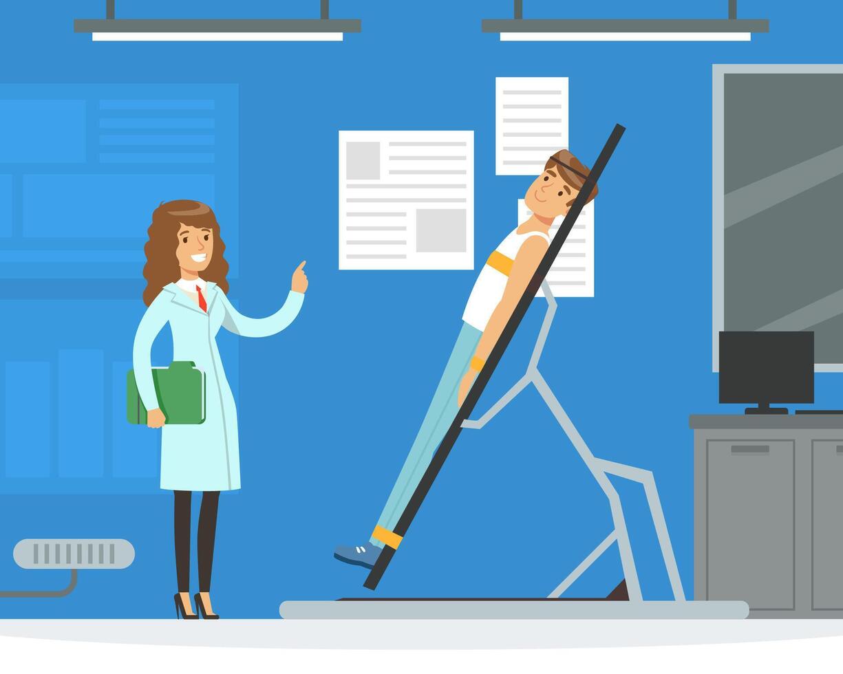Man Astronaut Preparing for Space Flight on Simulator in Laboratory with Scientist Illustration vector
