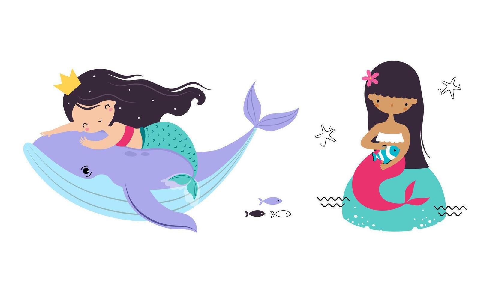 Cute Mermaid with Fish Tail and Wavy Hair on Whale Floating Underwater Illustration Set vector