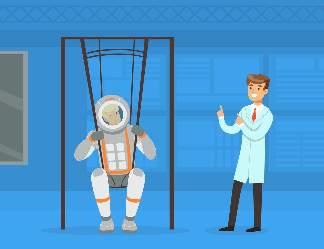 Man Astronaut Preparing for Space Flight on Swings Simulator in Laboratory with Scientist Illustration vector